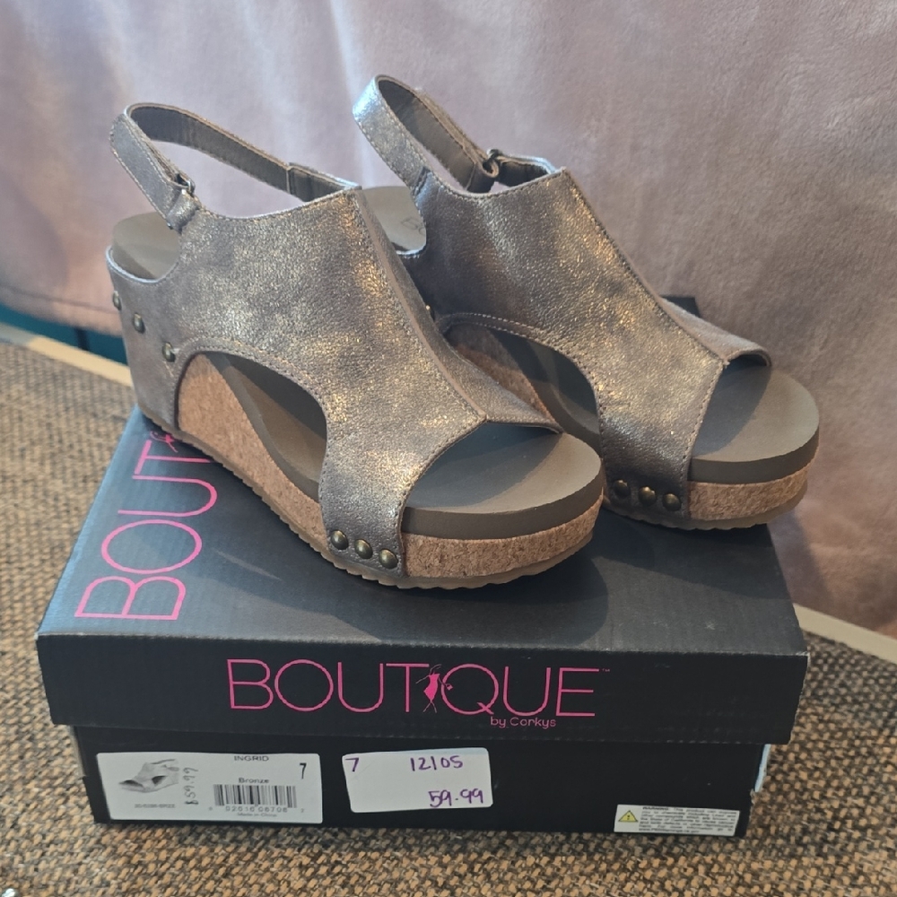 Corkys Metallic Pewter Wedge Sandals